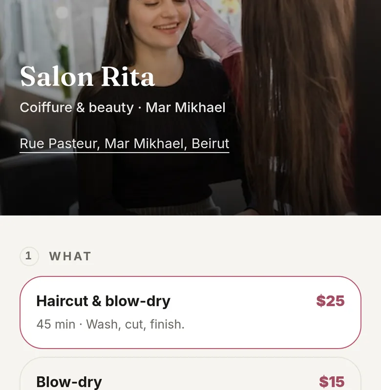 A salon’s booking page on a phone: services with prices and lengths, then the days and free times.